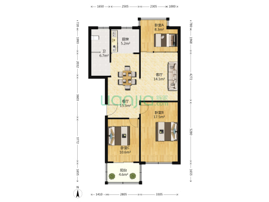 幸福家园 3室2厅1卫 101平方