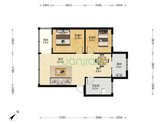 昆明电机厂小新村 2室2厅1卫 66平方