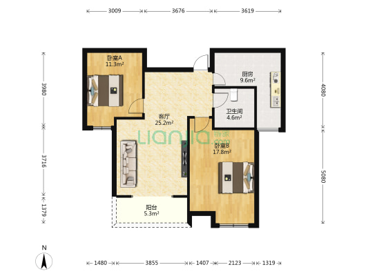 名人名家住宅小区 2室1厅1卫 92平方