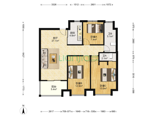 九龙仓•铂悦府 3室1厅2卫 96平方
