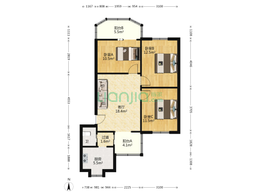 鲤鱼池三村 3室1厅1卫 87平方