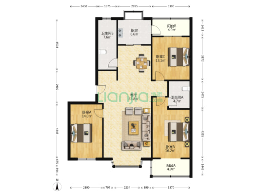 中国银行宿舍煤机街 3室1厅2卫 152平方