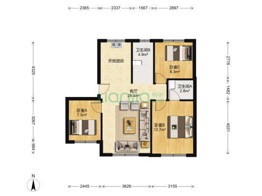 新星宇之悦东郡 3室1厅2卫 90平方