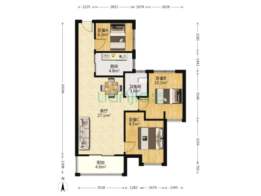 龙湖水晶郦城 3室1厅1卫 88平方