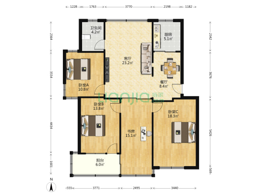 虞波西园 4室2厅1卫 136平方