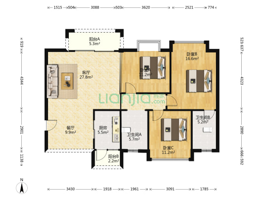 德洲城三、四期 3室2厅2卫 117平方