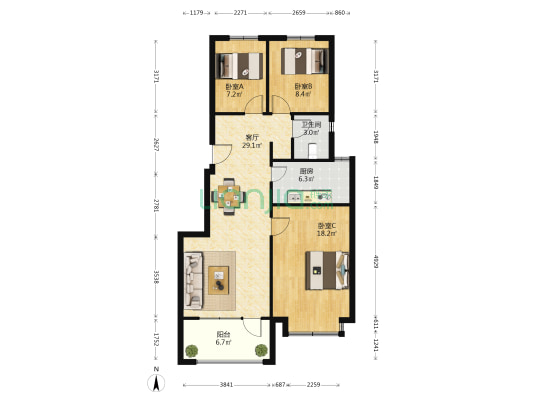 绿地香海汇都 3室1厅1卫 99平方