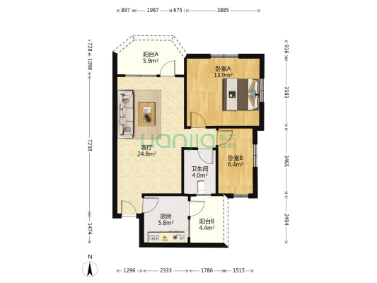 榕树角大街 2室1厅1卫 78平方
