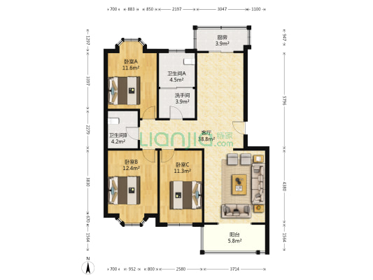 开发区 板楼南北通透3居室，三阳开泰，看上价格好说-户型图