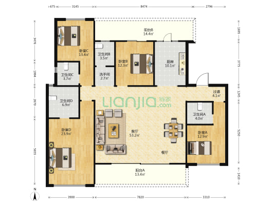 华夏四季A2熙棠苑 4室1厅5卫 205平方