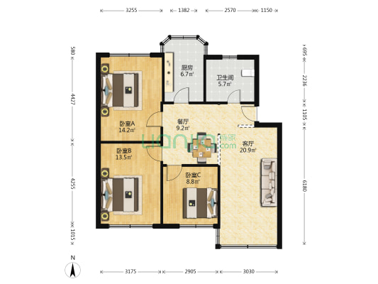 保佑桥直街 3室2厅1卫 96平方