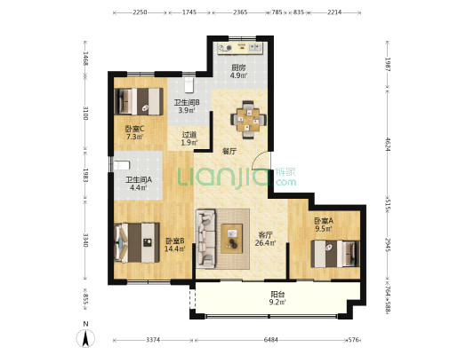 水乡云锦府 3室1厅2卫 115平方