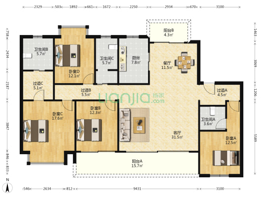 春江阅 4室2厅3卫 185平方