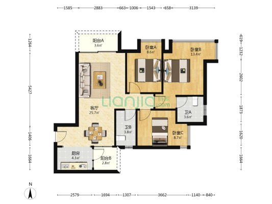 花溪中心 3室1厅2卫 93平方