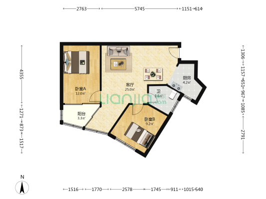 海棠阁 2室1厅1卫 80平方