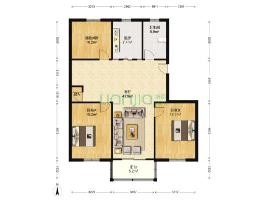 咏硕苑 2室1厅1卫 122平方