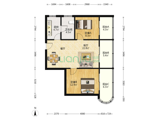 佑圣观路5号 2室1厅1卫 77平方