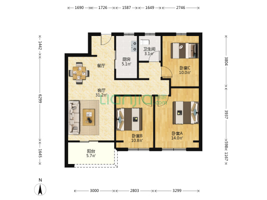 招商雍容华府 3室1厅1卫 109平方
