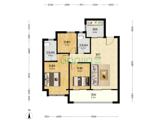 彰泰观南府 3室1厅2卫 96平方