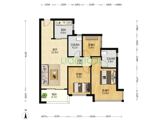 美的·金地·新明珠·凤翔湾壹号 3室1厅2卫 83平方