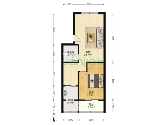 六十七处家属楼 2室1厅 南 北-户型图