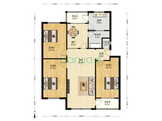 和谐院 3室2厅2卫 134平方