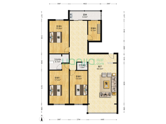 民航花园 4室1厅2卫 164平方