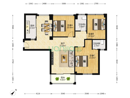 阳光清境 3室1厅2卫 88平方