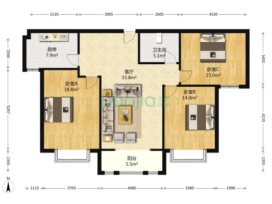 祥云小区 3室1厅1卫 120平方