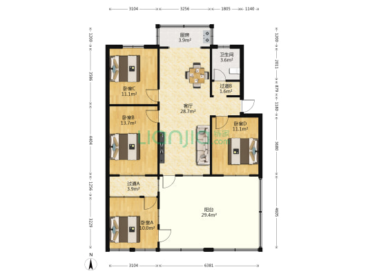 法院宿舍 4室1厅1卫 91平方
