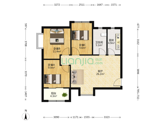 海马公园 3室1厅1卫 95平方