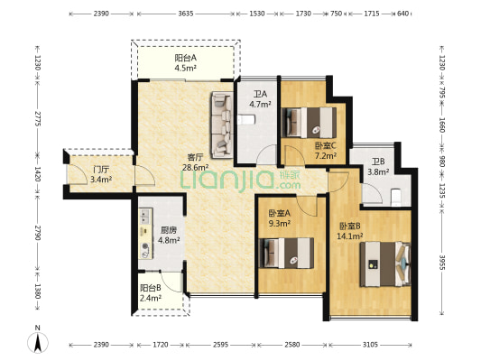 谊泰雅苑 3室1厅2卫 89平方