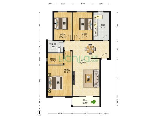 常青花园 3室1厅1卫 115平方