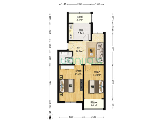天山小区（宁国路） 2室1厅1卫 68平方