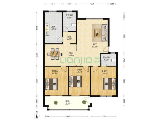 景都花园 3室2厅2卫 143平方