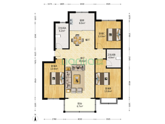 秀水锦园 3室1厅2卫 130平方