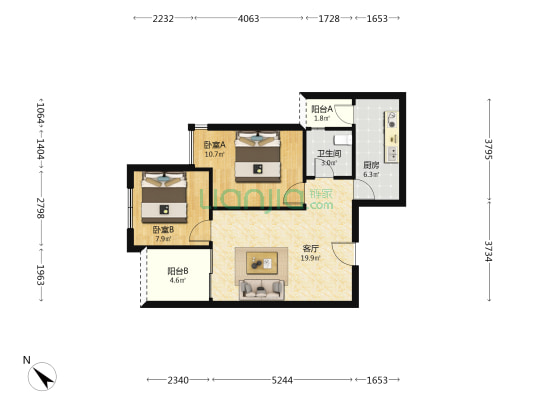 晶彩城 2室1厅1卫 68平方