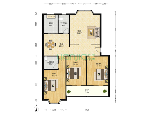 新兴小区 3室2厅2卫 140平方