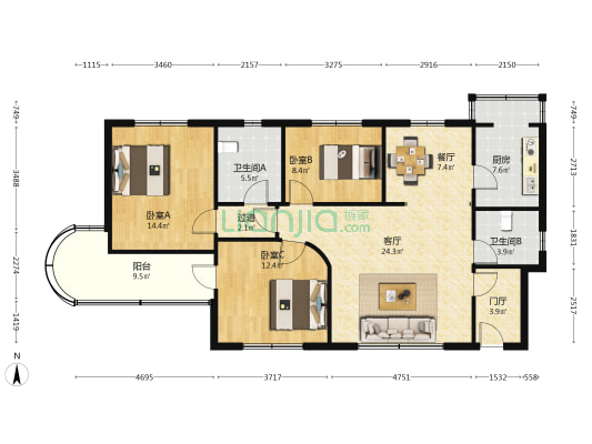 银园公寓 3室2厅2卫 109平方