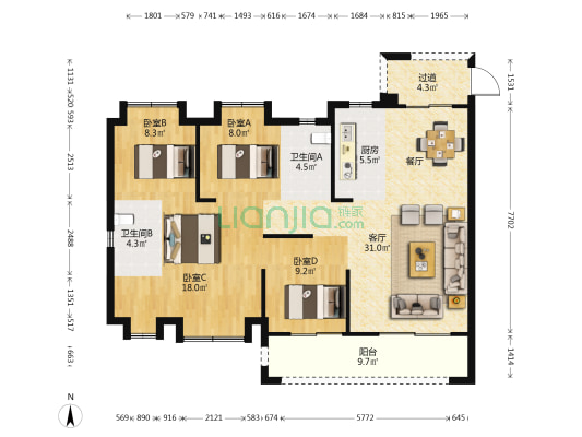 璀璨滨江 4室1厅2卫 126平方