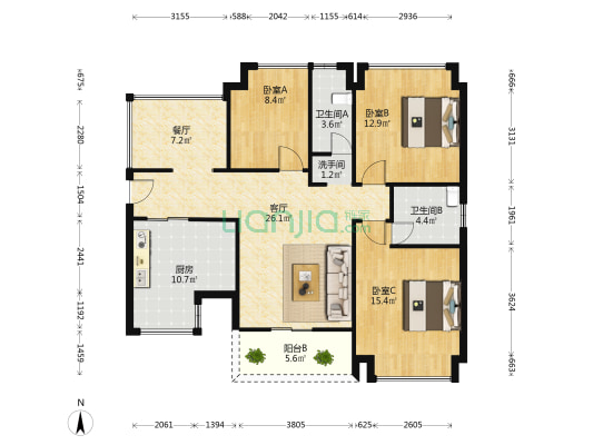 景亿公馆 3室2厅3卫 110平方