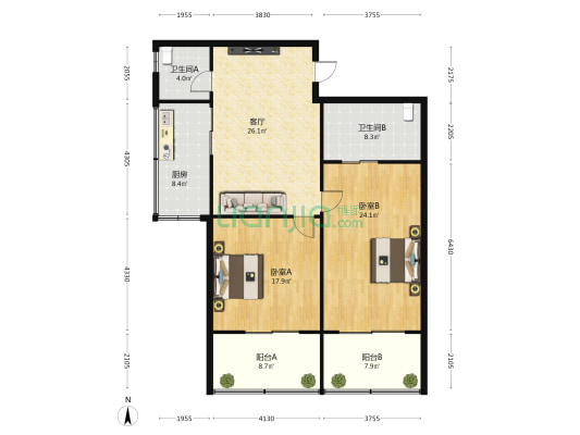 玉海国际 2室1厅2卫 138平方
