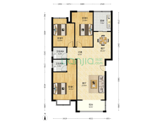 际洲天和新城 3室2厅2卫 115平方