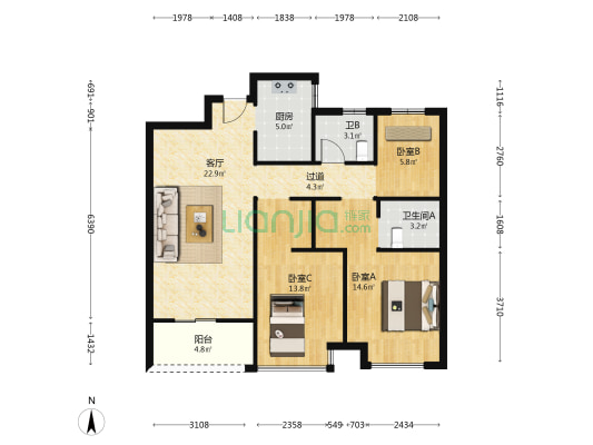 雍臻园 3室1厅2卫 100平方