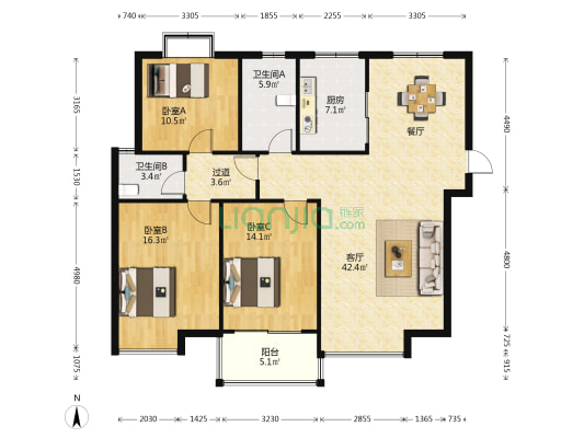 嘉源东城绿洲 3室1厅2卫 125平方