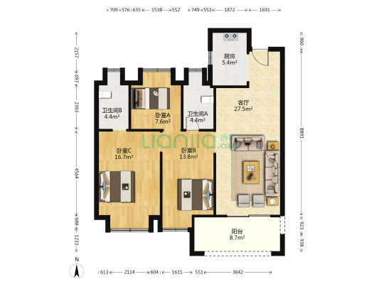 保利星耀 3室1厅2卫 115平方