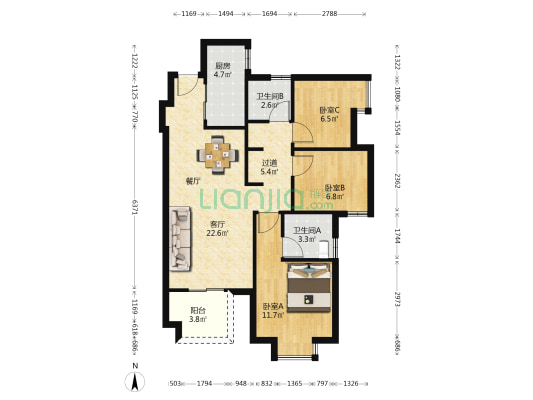 中惠岭秀 3室1厅2卫 92平方