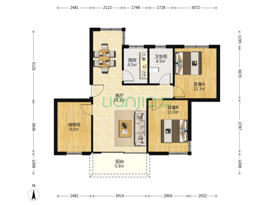 龙溪花园 2室1厅1卫 90平方