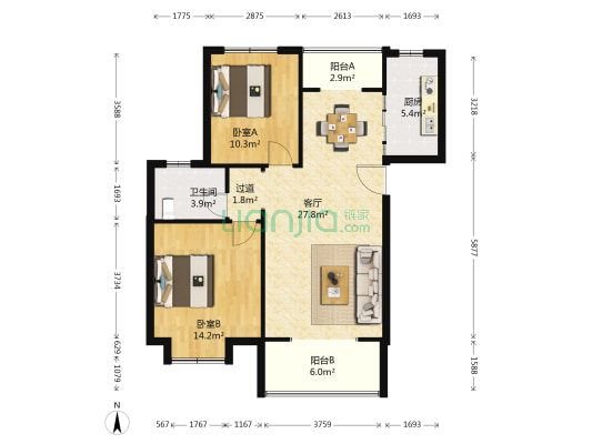 雅士苑 2室1厅1卫 93平方