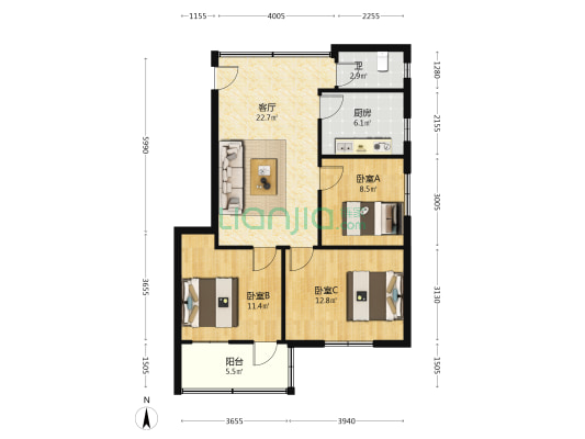 五三大道57号 3室1厅1卫 81平方